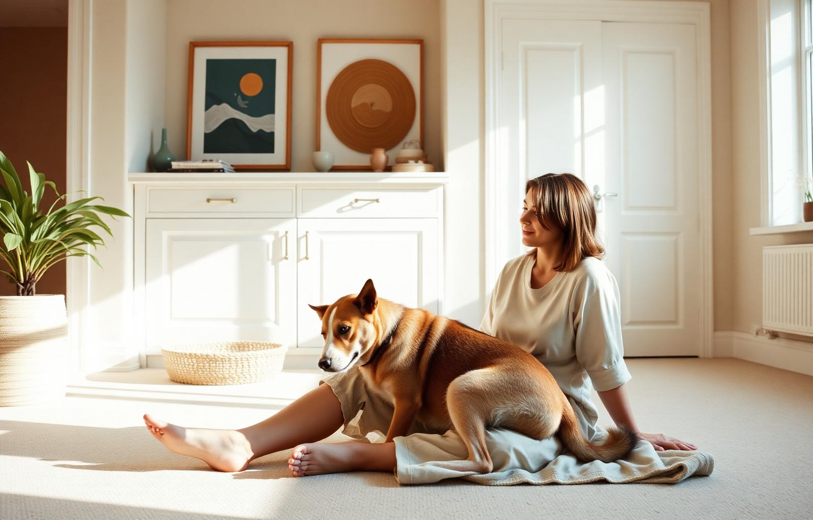 A person sitting on the floor of a sunlit apartment with their dog resting beside them